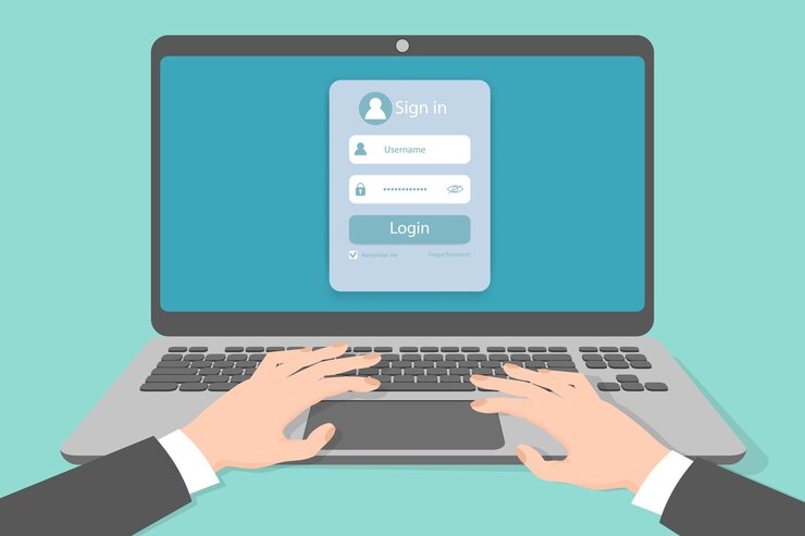 Vector el usuario en la pantalla de la computadora portátil está utilizando el formulario de inicio de sesiónformulario de registro de inicio de sesión en línea