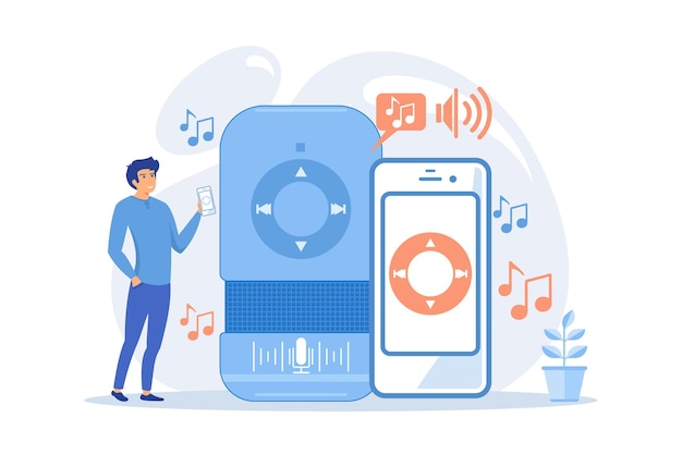 Usuario que reproduce música en un altavoz inteligente y un teléfono móvil. Reproducción y transmisión de música, activado por voz