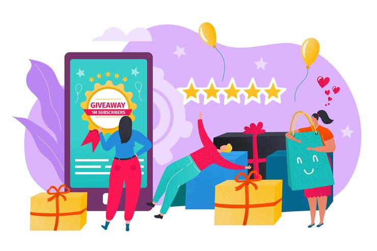 Vector usuarios del concepto de obsequio con íconos de me gusta y compartir y teléfono inteligente como comentario compartir obsequio social