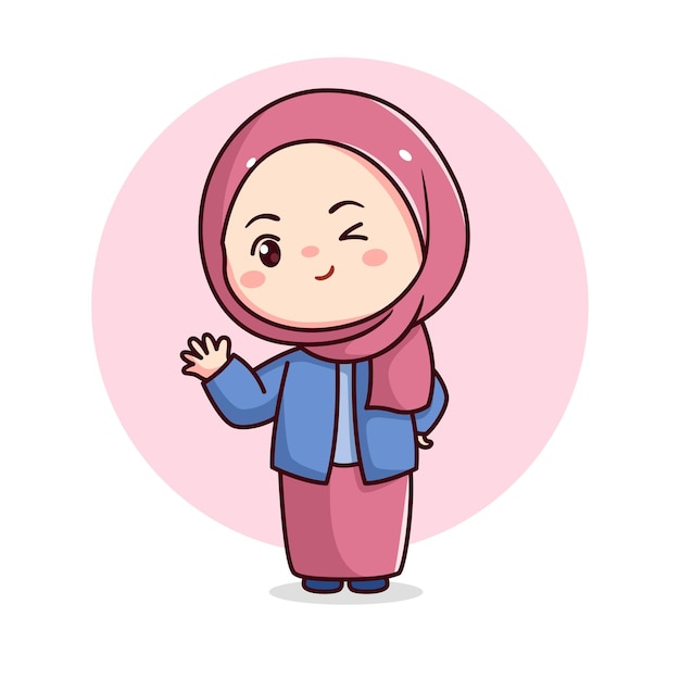 Vector ute hijab chica agitando la mano con vestido azul y rosa