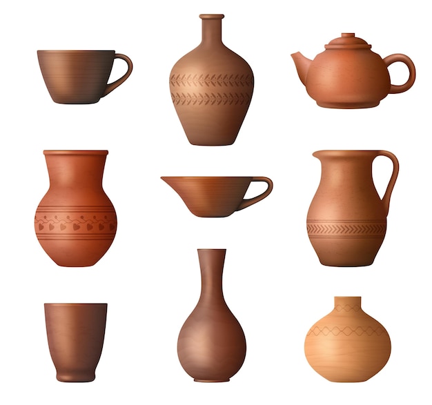 Utensilios de arcilla Tazas y calderas de cocina hechas a mano vector decente ilustraciones realistas conjunto aislado