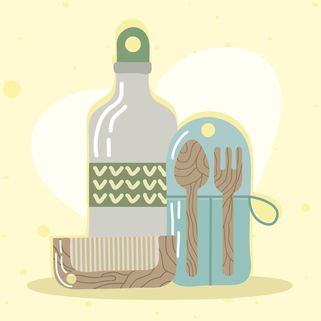 Utensilios y botella reutilizables.