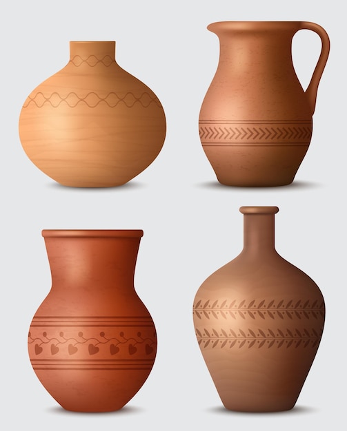 Utensilios de cocina de arcilla utensilios hechos a mano realistas ollas teteras y tazas plantillas vectoriales decentes de arcilla productos auténticos de arcilla cerámica ilustración de arcilla