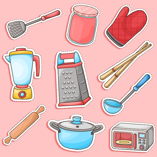 Vector utensilios de cocina de cocina conjunto de pegatinas lindas ilustración