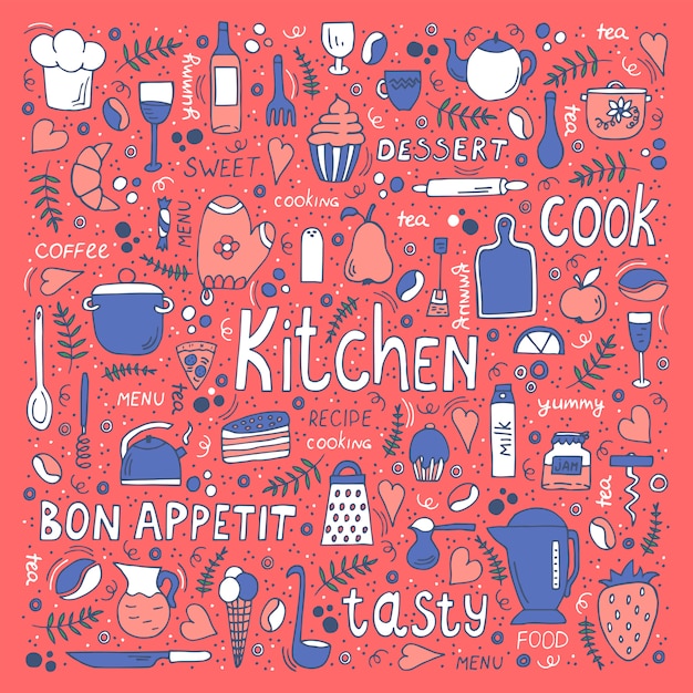 Utensilios de cocina y comida, símbolos dibujados a mano y letras.