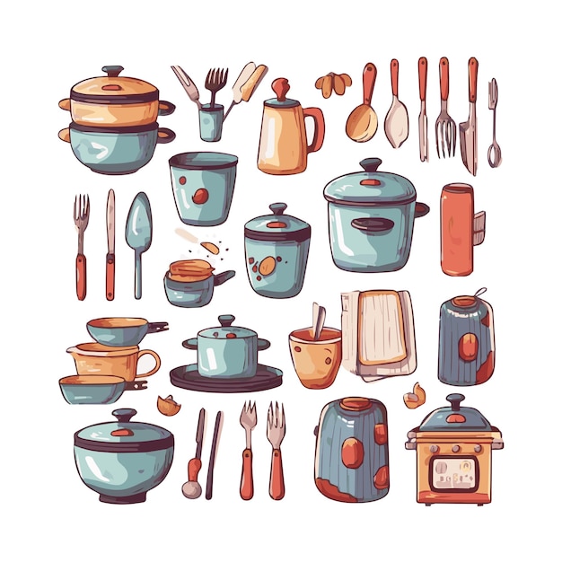 Utensilios de cocina conjunto elementos gráficos en diseño plano Paquete de hervidor cucharón cuchara tenedor sartén taza tablero tazón cuchillo rodillo espátula y otros utensilios Ilustración objetos aislados