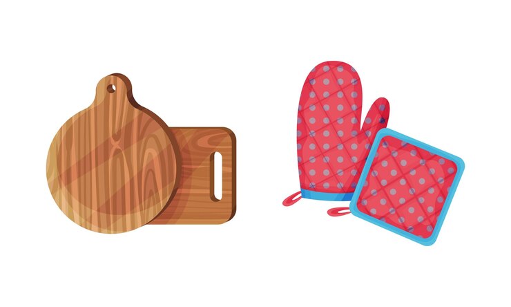 Vector utensilios de cocina conjunto tablas de corte de madera y guantes de cocina textiles ilustración vectorial de dibujos animados