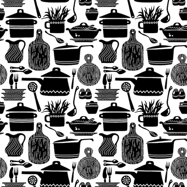Utensilios de cocina y cubiertos patrón sin costuras Ilustración vectorial en blanco y negro