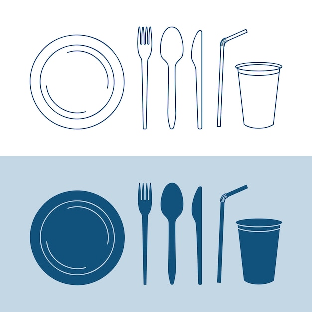 utensilios de cocina desechables platos de cubiertos de plástico cuchara tenedor cuchillo taza y línea de paja y íconos de relleno