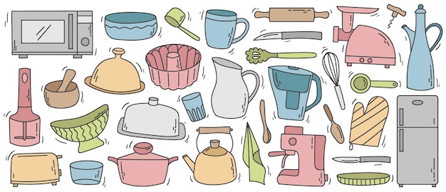 Utensilios de cocina dibujados a mano en colores suaves y cálidos Perfectos para ilustraciones de marca culinaria