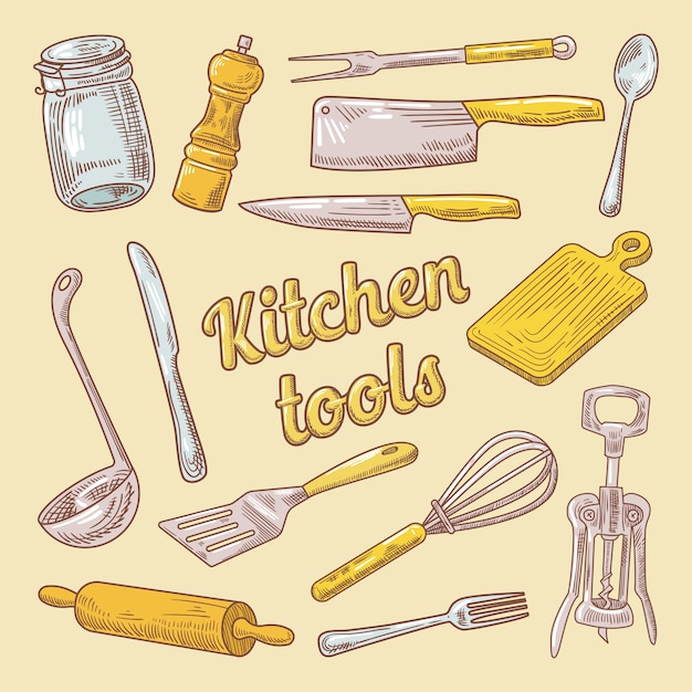Vector utensilios de cocina doodle dibujado a mano