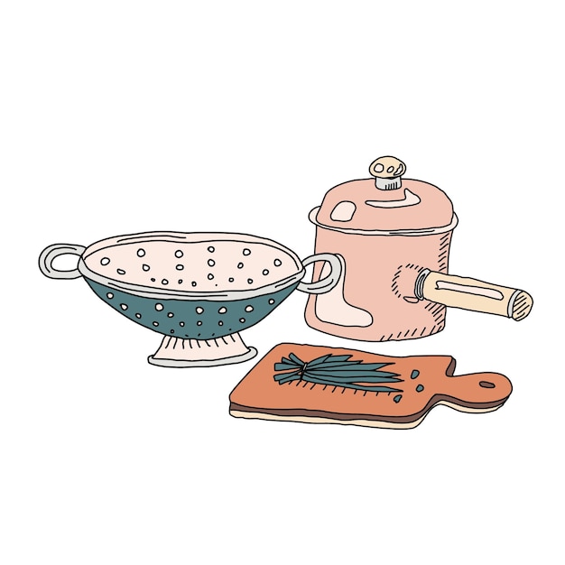 Vector utensilios de cocina doodle imprimir colador tabla de cortar vector dibujado a mano ilustración aislado en blanco