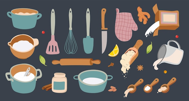 Utensilios de cocina e ingredientes de cocina gran conjunto libros de cocina pegatinas bonito menú para el hogar cocina de varias comidas conjunto ollas ingredientes sueltos cucharas y espátulas ilustración plana vectorial