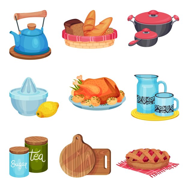 Vector utensilios de cocina y electrodomésticos con pastel preparado y pavo reposado en platos conjunto vectorial