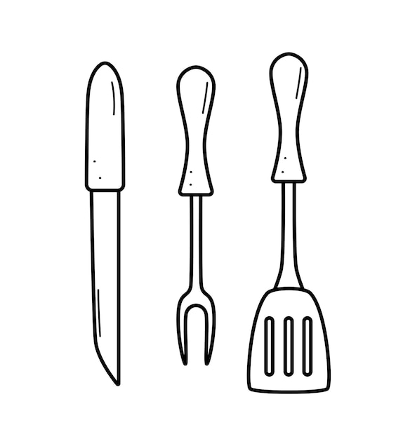 Vector utensilios de cocina una espátula de barbacoa y un tenedor un cuchillo ilustración de garabateo vectorial de la cocción de alimentos