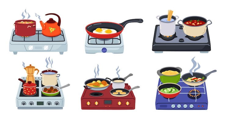 Vector utensilios de cocina en estufas cocina de alimentos en cocina vitrocerámica sartenes y ollas en estufa de gas conjunto de vectores de dibujos animados