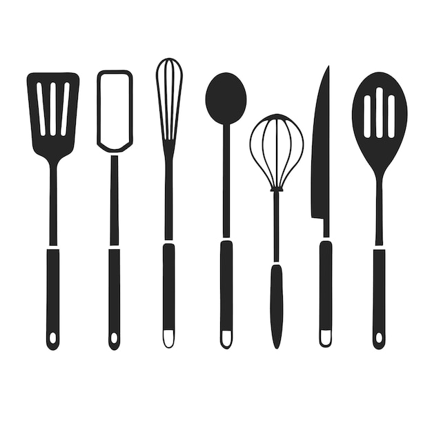 Utensilios de cocina Icon Set con horquillas Cuchas y cuchillos para diseños culinarios
