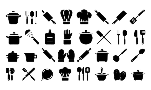 Los utensilios de cocina y los íconos de la cocina