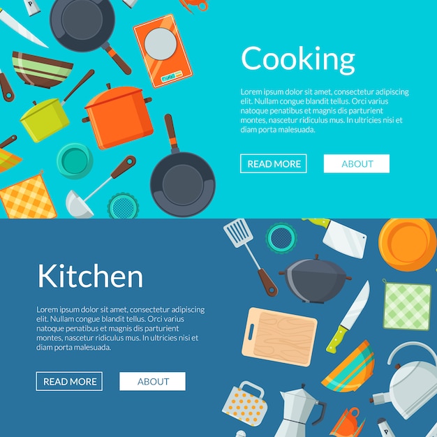 Vector utensilios de cocina iconos planos banners web horizontales