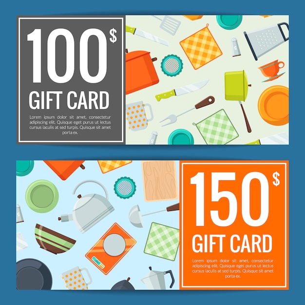 utensilios de cocina iconos planos plantillas de cupón de descuento o tarjeta de regalo