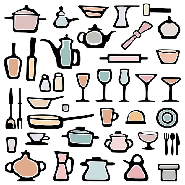 Utensilios de cocina juego de vectores dibujados a mano. Ilustración de vector de utensilios de cocina.