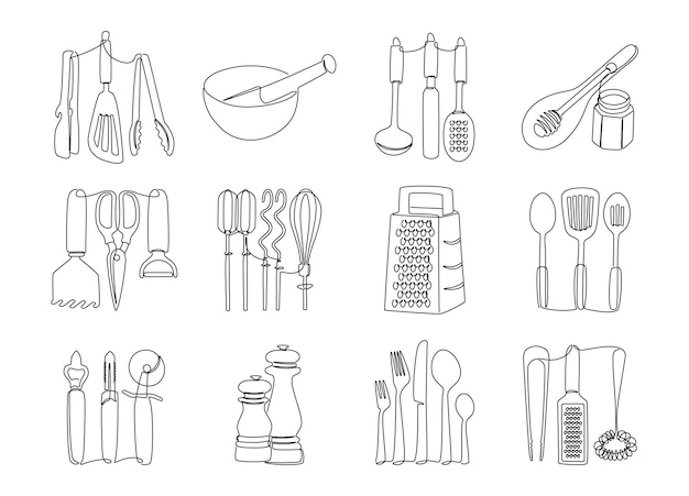 Vector utensilios de cocina de línea herramientas de cocina de línea continua dibujado a mano menú de restaurante cubiertos gráfico cuchillo tazón cuchara platos línea aislada de vector conjunto ilustración herramientas utensilios para cocinar