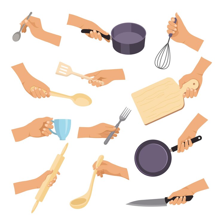 Vector utensilios de cocina manos sosteniendo varios artículos para preparar productos cocina objetos platos cucharas tenedores ollas recientes ilustraciones planas vectoriales