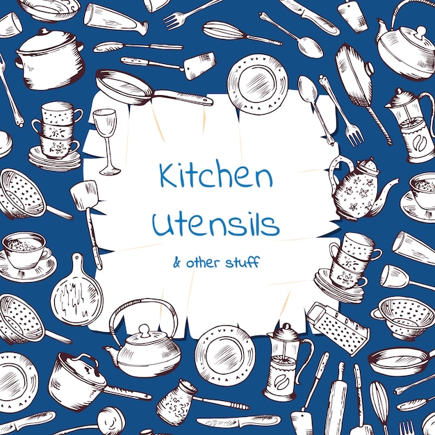 Con utensilios de cocina reunidos alrededor de papel de dibujos animados con lugar para texto. Cocina y cocina de dibujos animados tenedor y pan.
