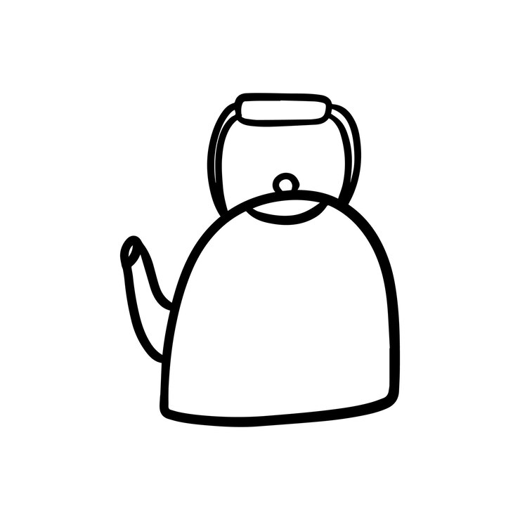 Vector utensilios de cocina de tetera para colorear de dibujos animados lineales de agua hirviendo