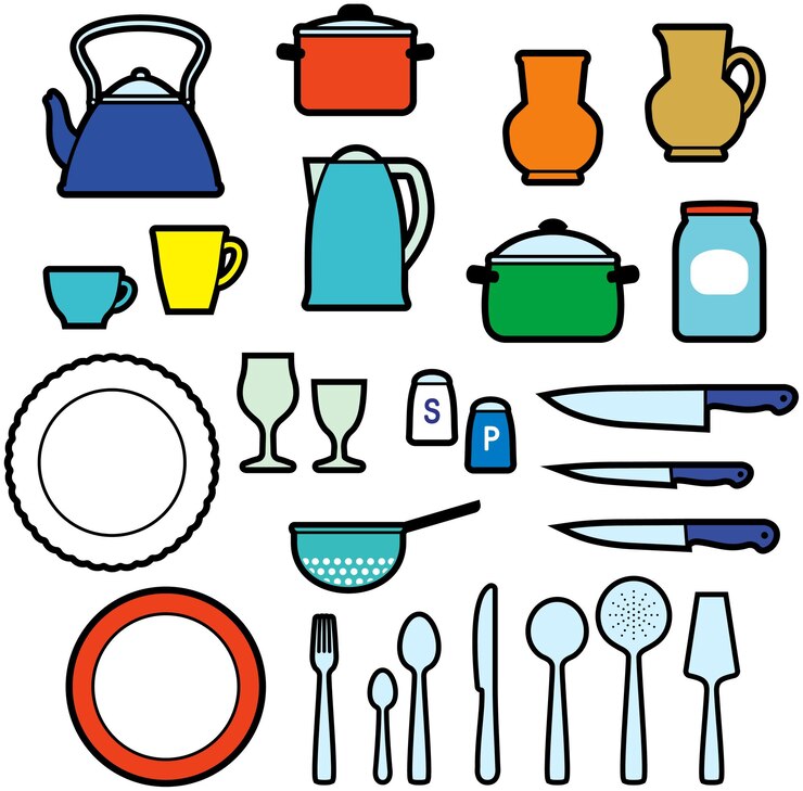 Utensilios de cocina y vajilla: cacerola, tetera, vasos, cubiertos, etc.