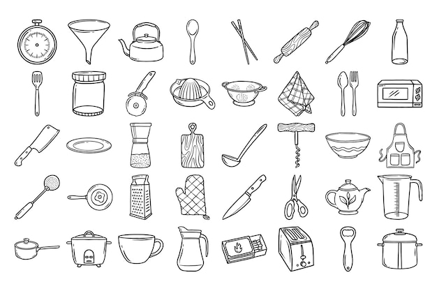utensilios de cocina vector de iconos dibujado a mano