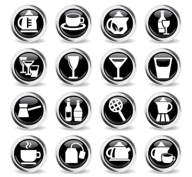 Utensilios para iconos de bebidas en botones negros redondos con anillo de metal