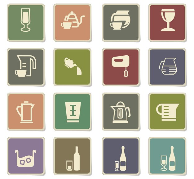 Utensilios para iconos de bebidas en pegatinas de papel cuadradas con sombra