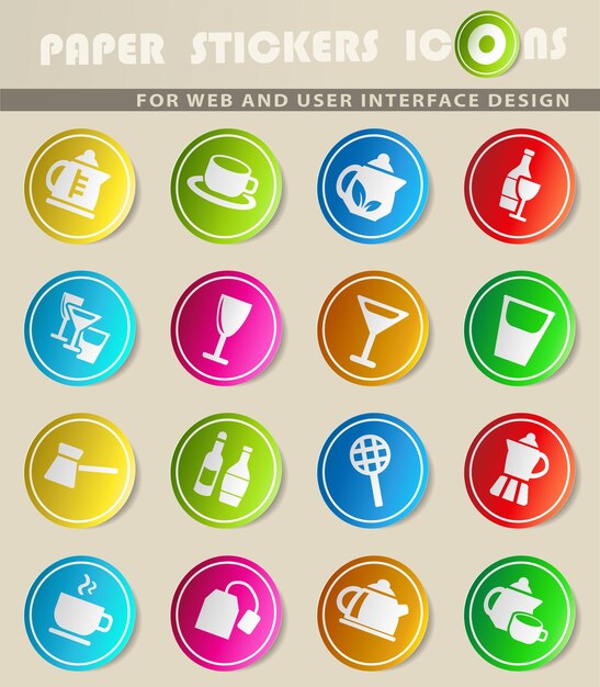 Utensilios para iconos de vector de bebidas en pegatinas de papel de colores