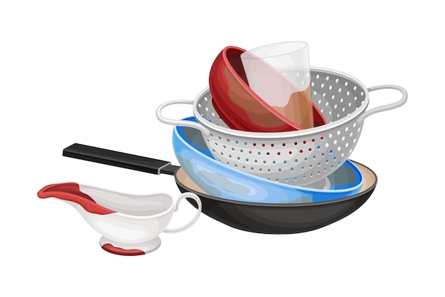 Los utensilios y platos sucios apilados para lavarlos Ilustración vectorial