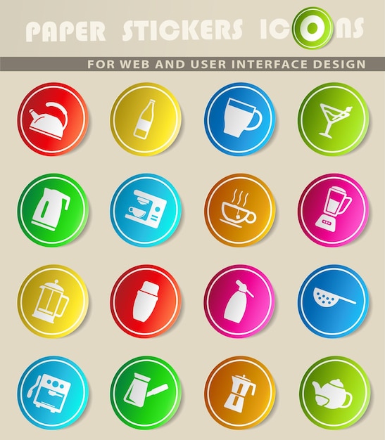 Utensilios para la preparación de bebidas iconos vectoriales en pegatinas de papel de colores