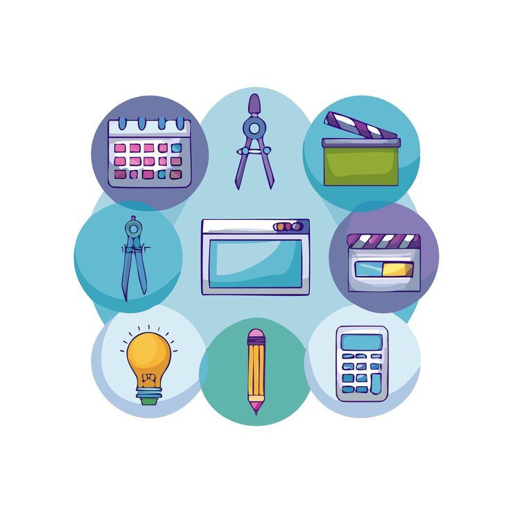 Vector utensilios y suministros escolares conjunto de iconos redondos ilustración vectorial diseño gráfico
