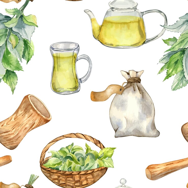 Vector utensilios tetera de vidrio de mortero con té de hierbas y ortiga acuarela patrón sin costuras aislado en blanco bolsa de hierba y canasta de paja con plantas medicinales dibujada a mano diseño para envoltura textil