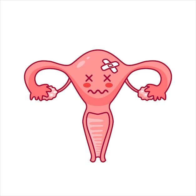 Vector Útero personaje de dibujos animados triste y lindo al estilo kawaii enfermedad infertilidad mujeres salud ciclo del sistema reproductivo femenino anatomía cuello uterino ovarios trompas de falopio ilustración vectorial estilo plano