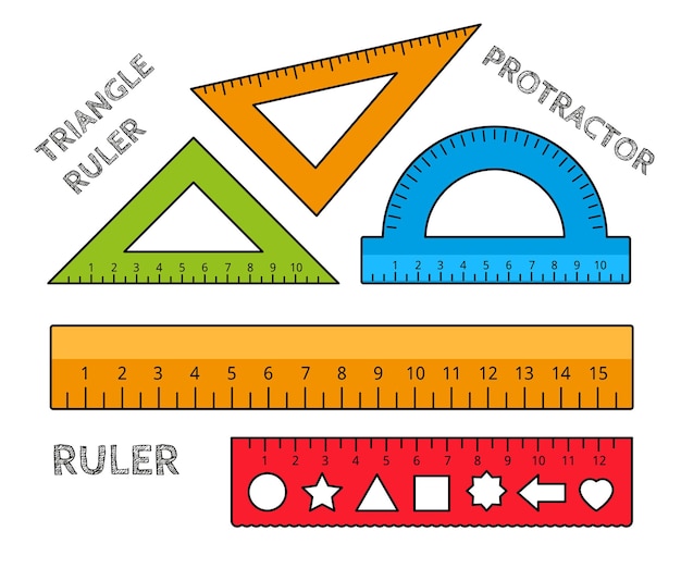 Útiles escolares, cinco reglas diferentes, un conjunto colorido.