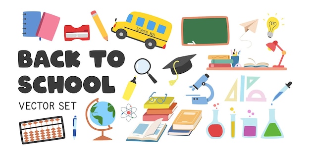 Útiles escolares clipart Conjunto de libros de texto de autobús escolar cuadernos dibujos animados de ilustración vectorial plana