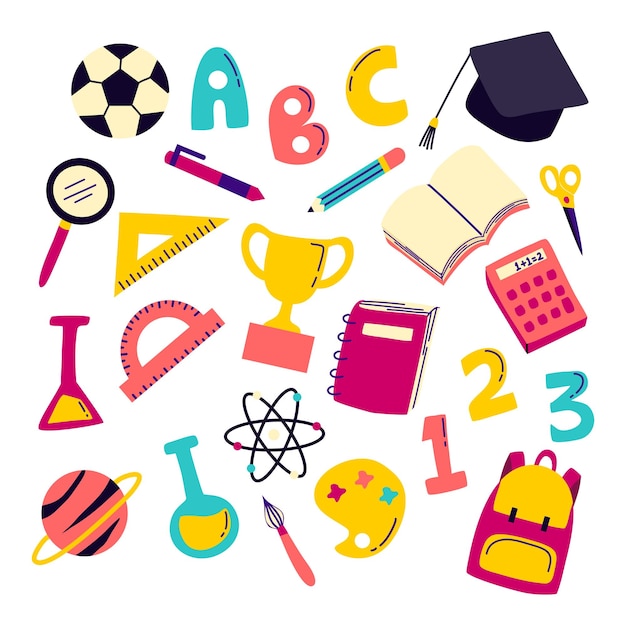útiles escolares dibujados a mano colección colorida Vector