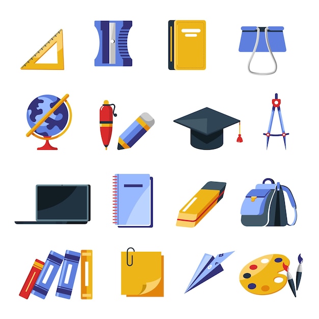 Útiles escolares herramientas de papelería mochila y portátil iconos aislados