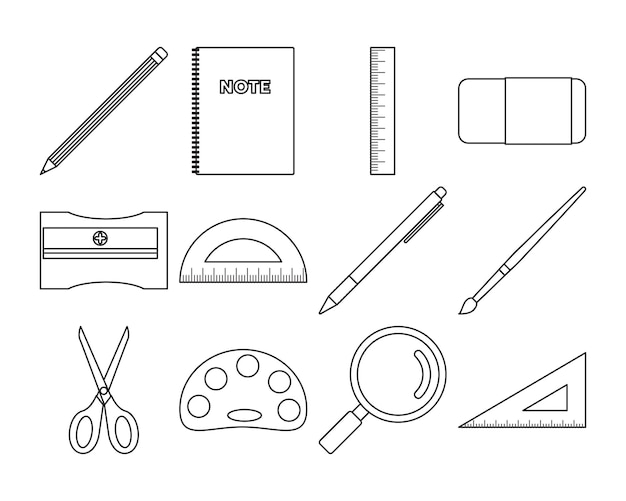 Útiles escolares vector ilustración conjunto volver a la escuela lápiz libro regla Esquema de diseño plano