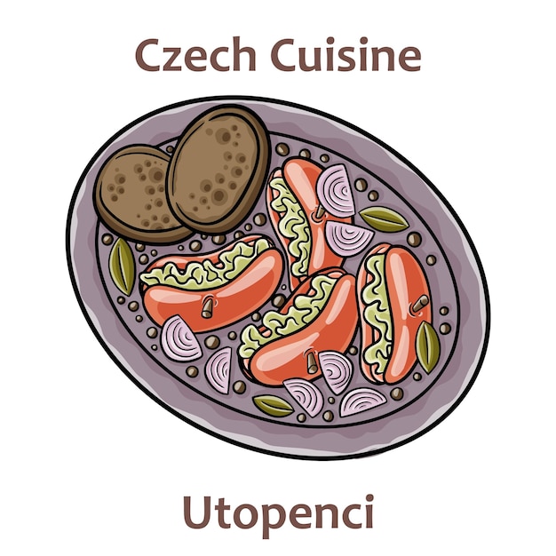 Utopenci Es un frasco de salchichas pequeñas en escabeche picante en caldo de vinagre agridulce con pimienta negra molida cebollas en rodajas y hojas de laurel Comida checa Imagen vectorial aislada