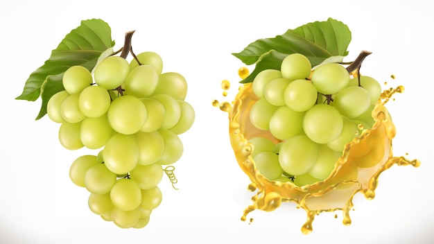 Uvas blancas dulces y splash de jugo. Frutas frescas, realistas