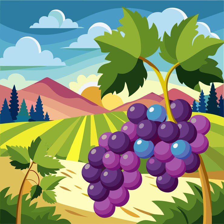 Vector uvas frescas maduras en la vid en el viñedo al aire libre