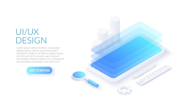UX concepto de diseño isométrico con smartphone aplicación móvil o sitio web wireframe