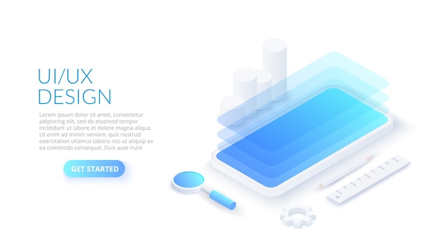 Vector ux concepto de diseño isométrico con smartphone aplicación móvil o sitio web wireframe