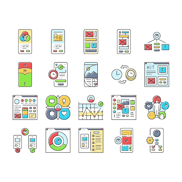 UX desarrollar contenido de investigación iconos conjunto vector